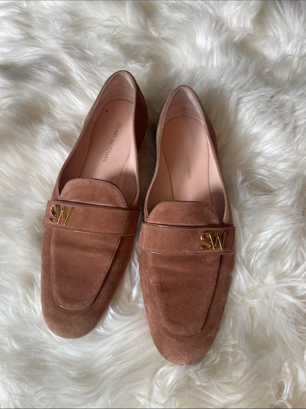 Stuart Weitzman Suede Penny Loafers in Chestnut Brown with Gold HW